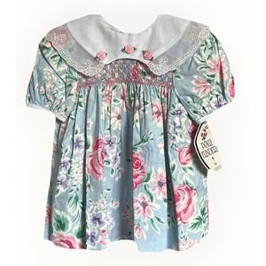 NWT Polly Flinders 18M Dress Blue Pink Smocked Vintage Baby Girl W/ Dayton's Tag